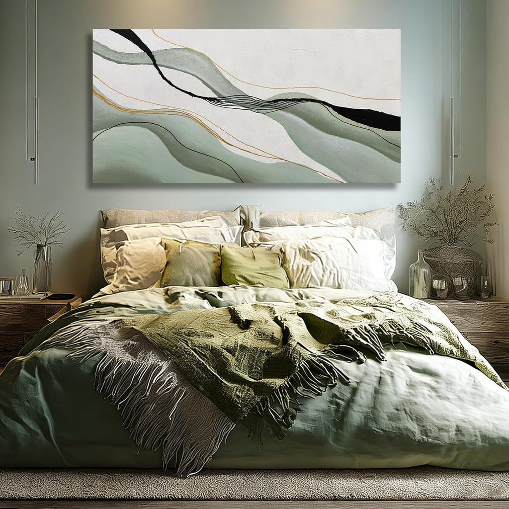 Green White Black Abstract Canvas Wall Art, Large Abstract Wall Decor for Living Room, Modern Wall Art Print for Bedroom Office, 24X48 Inch