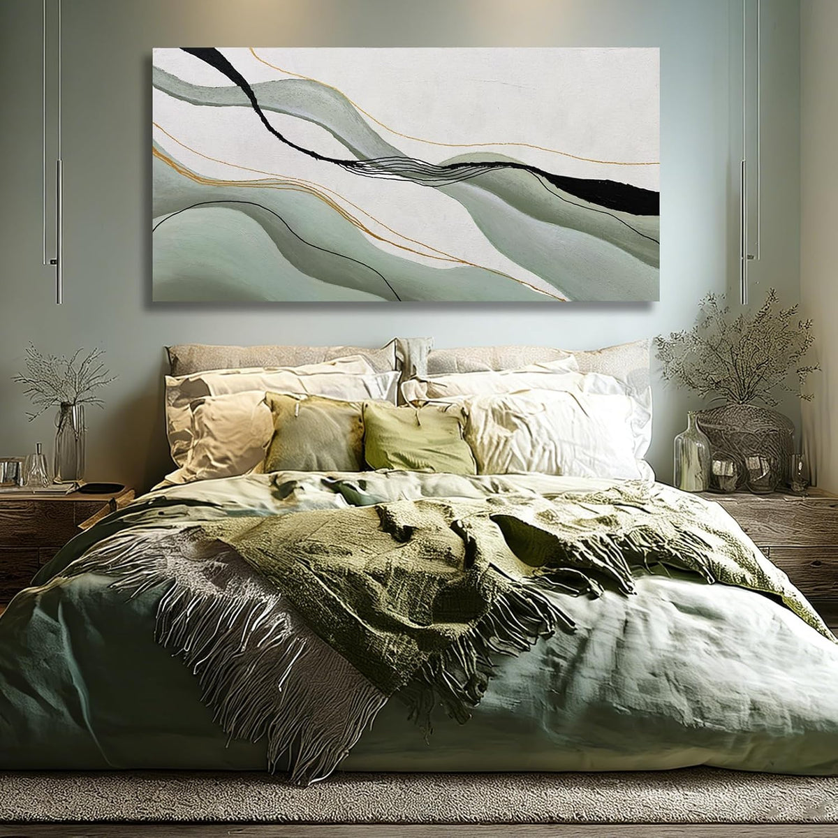 Green White Black Abstract Canvas Wall Art, Large Abstract Wall Decor for Living Room, Modern Wall Art Print for Bedroom Office, 24X48 Inch