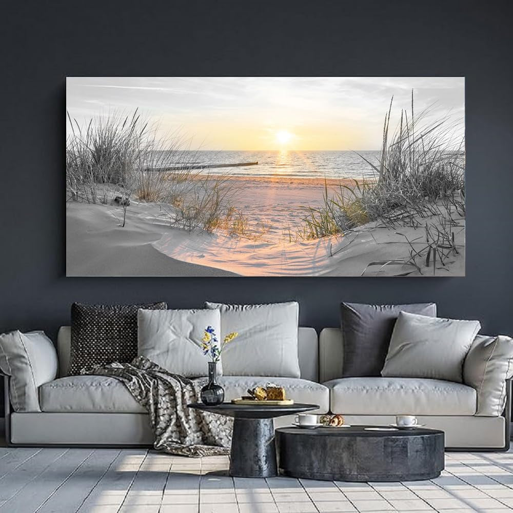 -Black and White Sunset Beach Wall Art Coastal Room Decor Ocean Picture for Living Room Wall Art Bedroom Seascape Artwork Prints Sea Scene Painting Modern Bathroom Office Decor