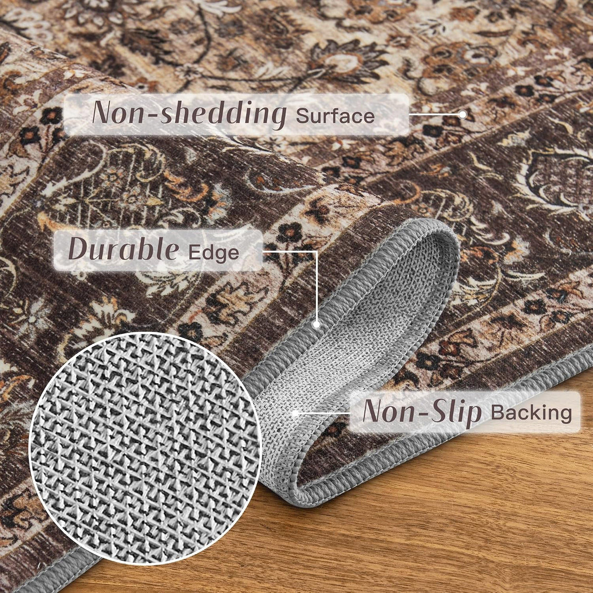 Washable Large round Area Rug 6Ft for Living Room, Washable Vintage Accent Distressed Faux Wool Ultra Soft Rug for Bedroom, Non Slip Stain Resistant Carpet for Guest Room Nursery, Brown