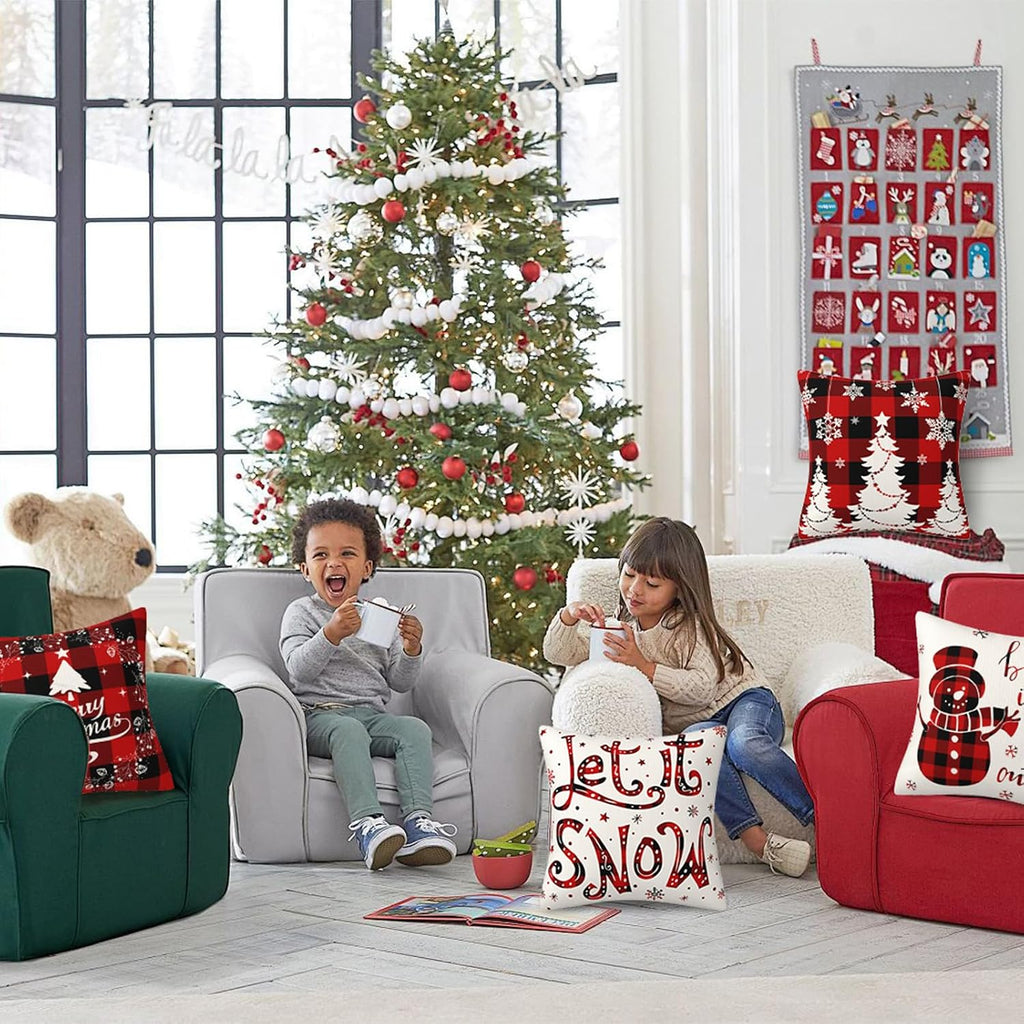 4Pcs Red Christmas Pillow Covers, 18 X 18 Inch Winter Holidays Christmas Cushion Cover Decoration for Sofa, Christmas Decorations Winter Holiday Decorations for Home Couch