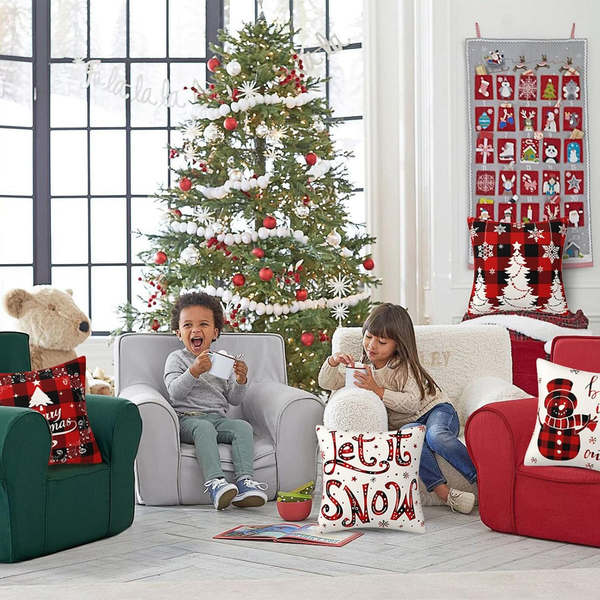 4Pcs Red Christmas Pillow Covers, 18 X 18 Inch Winter Holidays Christmas Cushion Cover Decoration for Sofa, Christmas Decorations Winter Holiday Decorations for Home Couch